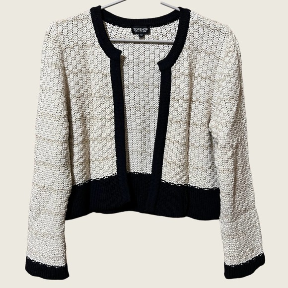 Topshop Cream Open Front Cardi w/ Woven Gold Thread Size 10 - Picture 1 of 15